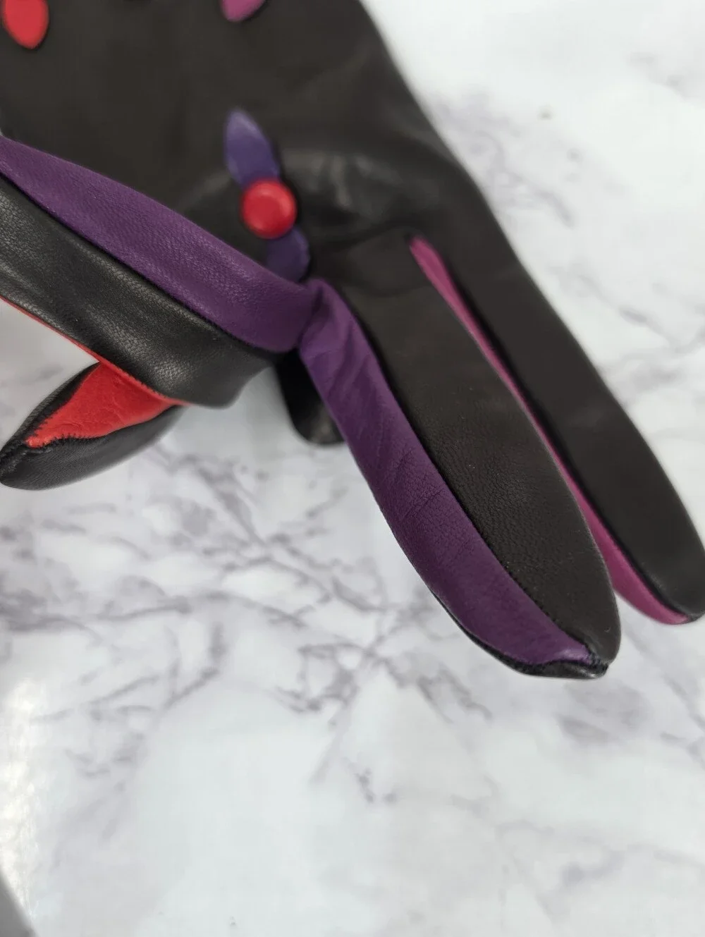 Vintage Black Leather Gloves with Purple & Red Accent Dress Or Driving Gloves